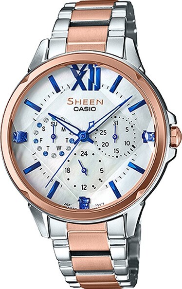 萬年鐘錶 - CASIO 卡西歐 Sheen系列 璀璨晶鑽珍珠貝不鏽鋼女錶 SHE-3056SPG-7 錶徑37.1MM