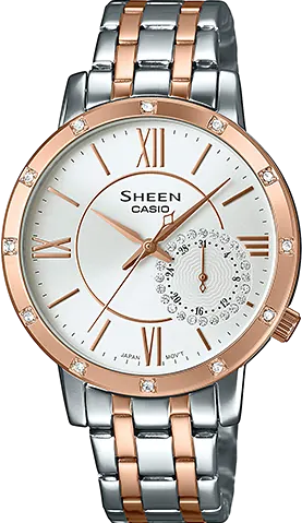 萬年鐘錶 - CASIO 卡西歐 Sheen系列 璀璨晶鑽不鏽鋼女錶 SHE-3046SPG-7 錶徑34MM