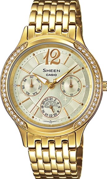 萬年鐘錶 - CASIO 卡西歐 Sheen系列 大方典雅風範金色三眼不鏽鋼女錶 SHE-3030BGD-9 錶徑33MM