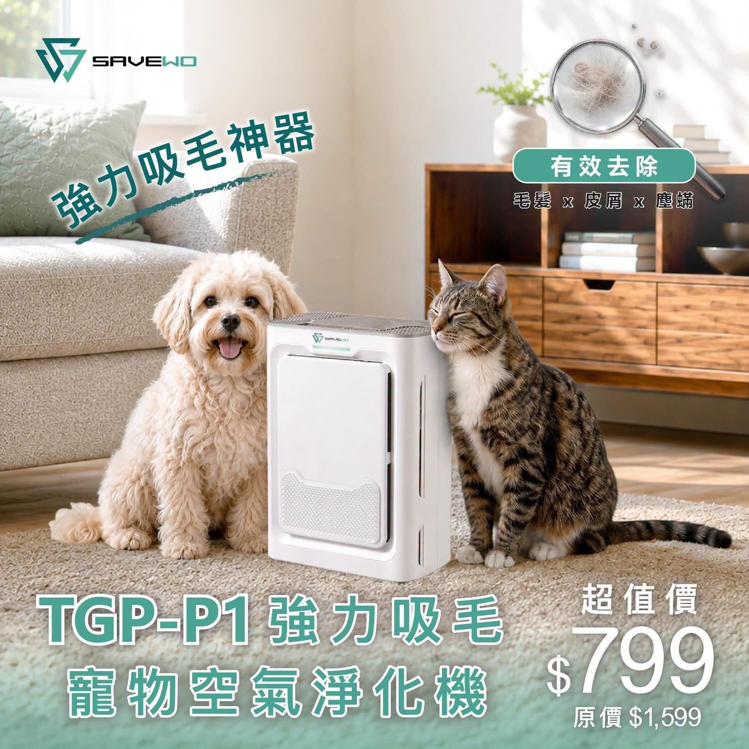 (預訂-限時免運) SAVEWO TGP-P1 強力吸毛寵物空氣淨化機 AT