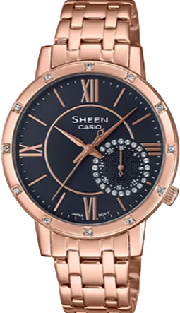 萬年鐘錶 - CASIO 卡西歐 Sheen系列 璀璨晶鑽玫瑰金黑面不鏽鋼女錶 SHE-3046PG-8 錶徑34MM