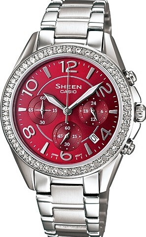 萬年鐘錶 - CASIO 卡西歐 Sheen系列 璀璨晶鑽紅色面盤不鏽鋼女錶 SHE-5022D-4  錶徑34.3MM