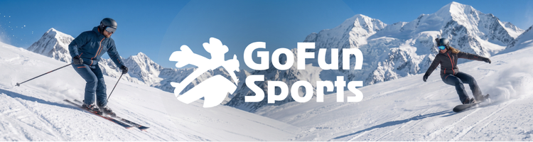 GoFun Sports 高豐運動網品牌形象橫圖,展現藍天雪山背景下雙板滑雪者(Ski)與單板滑雪者(Snowboard)揮灑熱情的滑雪姿態,象徵提供專業安心的戶外嚴選商品質感時尚與機能防護裝備。