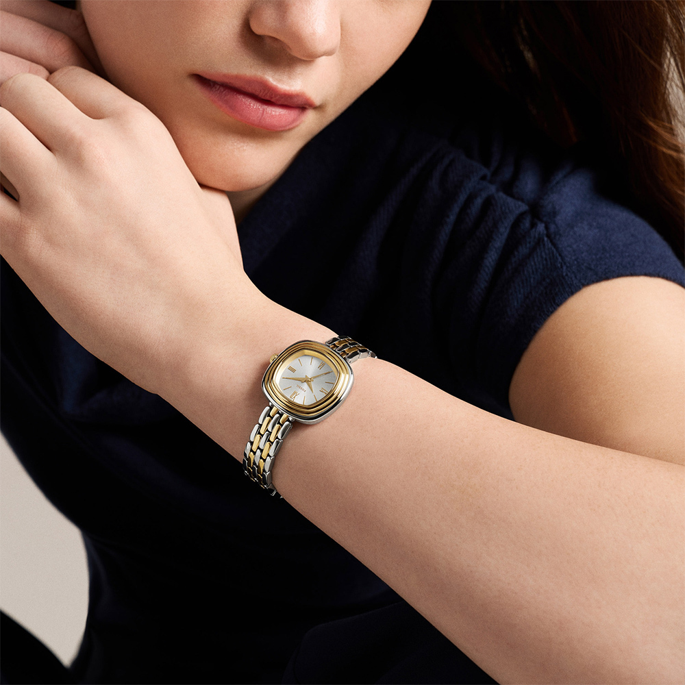 Emerson 法式復古水波紋枕形女錶 銀色/金色不鏽鋼錶帶 30 MM ES5509