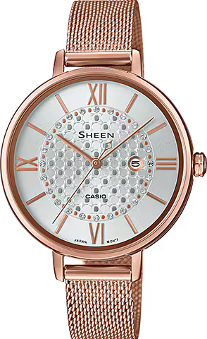 萬年鐘錶 - CASIO 卡西歐 Sheen系列 時尚設計玫瑰金不鏽鋼米蘭錶帶女錶 SHE-4059PGM-7 錶徑34MM