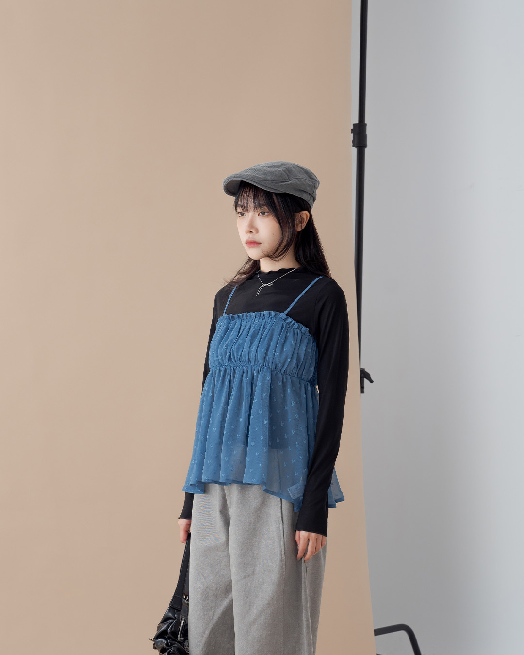 Blue Sheer Spaghetti-Strap Overlay Top with Heart Jacquard and Ruched Bust Detail【01099879】in stock+pre-order