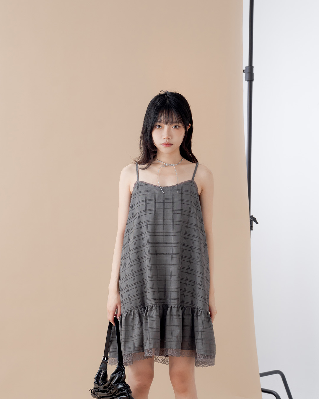 Plaid fuzzy lace camisole mini dress – available in two colors.【01087362】in stock+pre-order