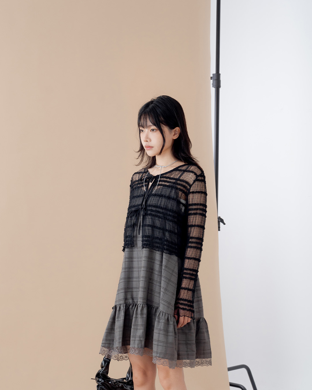 3D Jacquard Tie-Waist Sheer Long-Sleeved Top - Black【01099981】in stock+pre-order