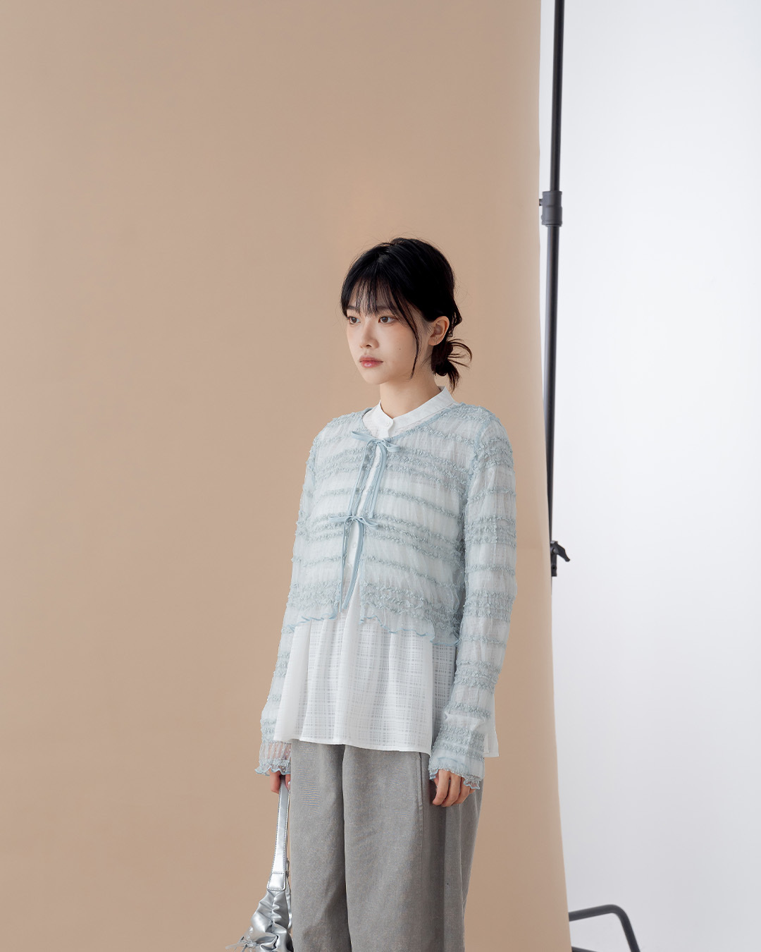 3D Jacquard Tie-Waist Sheer Long-Sleeved Cover-Up Top - Gray-Blue【01099982】in stock+pre-order