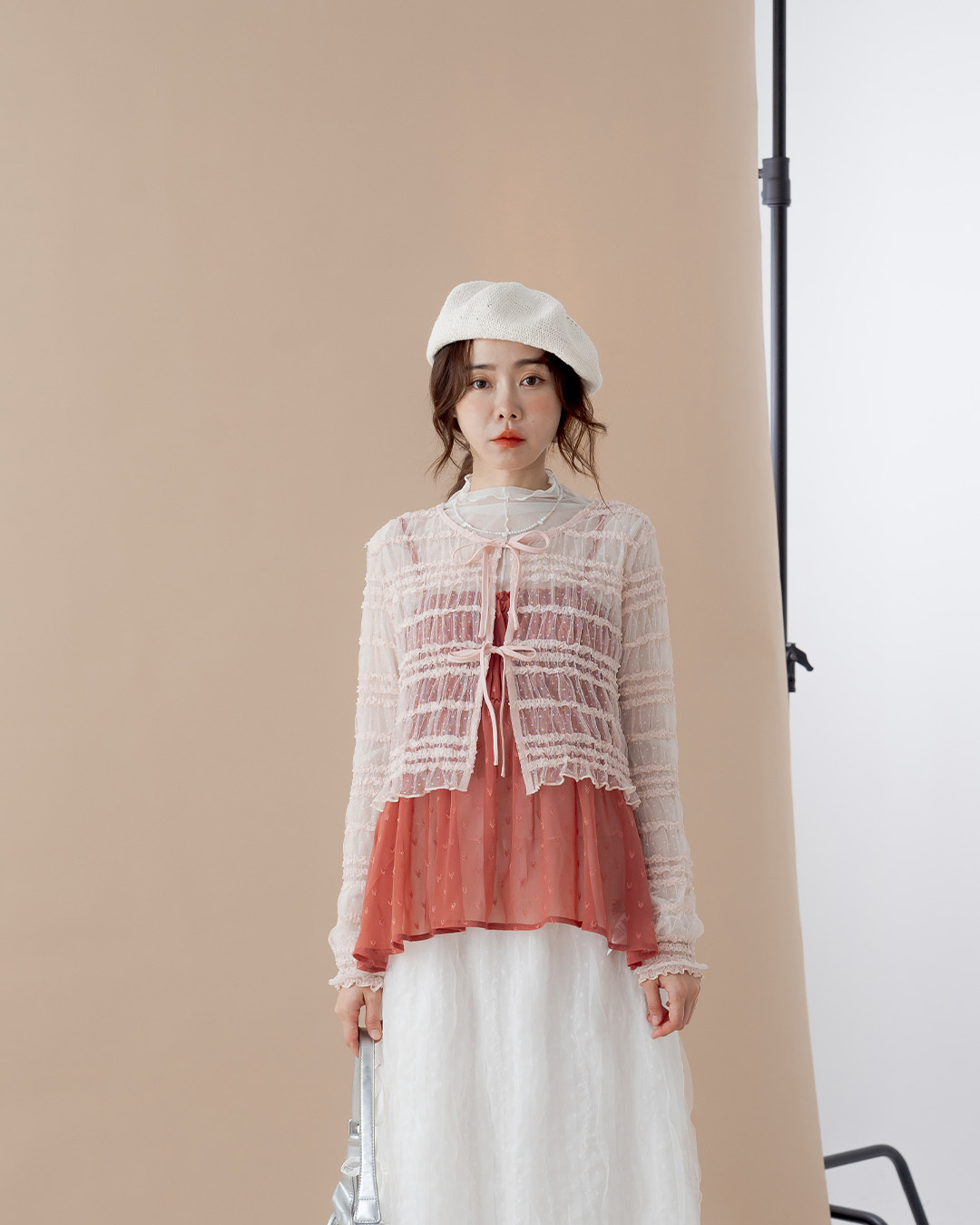 3D Jacquard Tie-Waist Sheer Long-Sleeved Cover-Up Top - Pink【01099983】in stock+pre-order