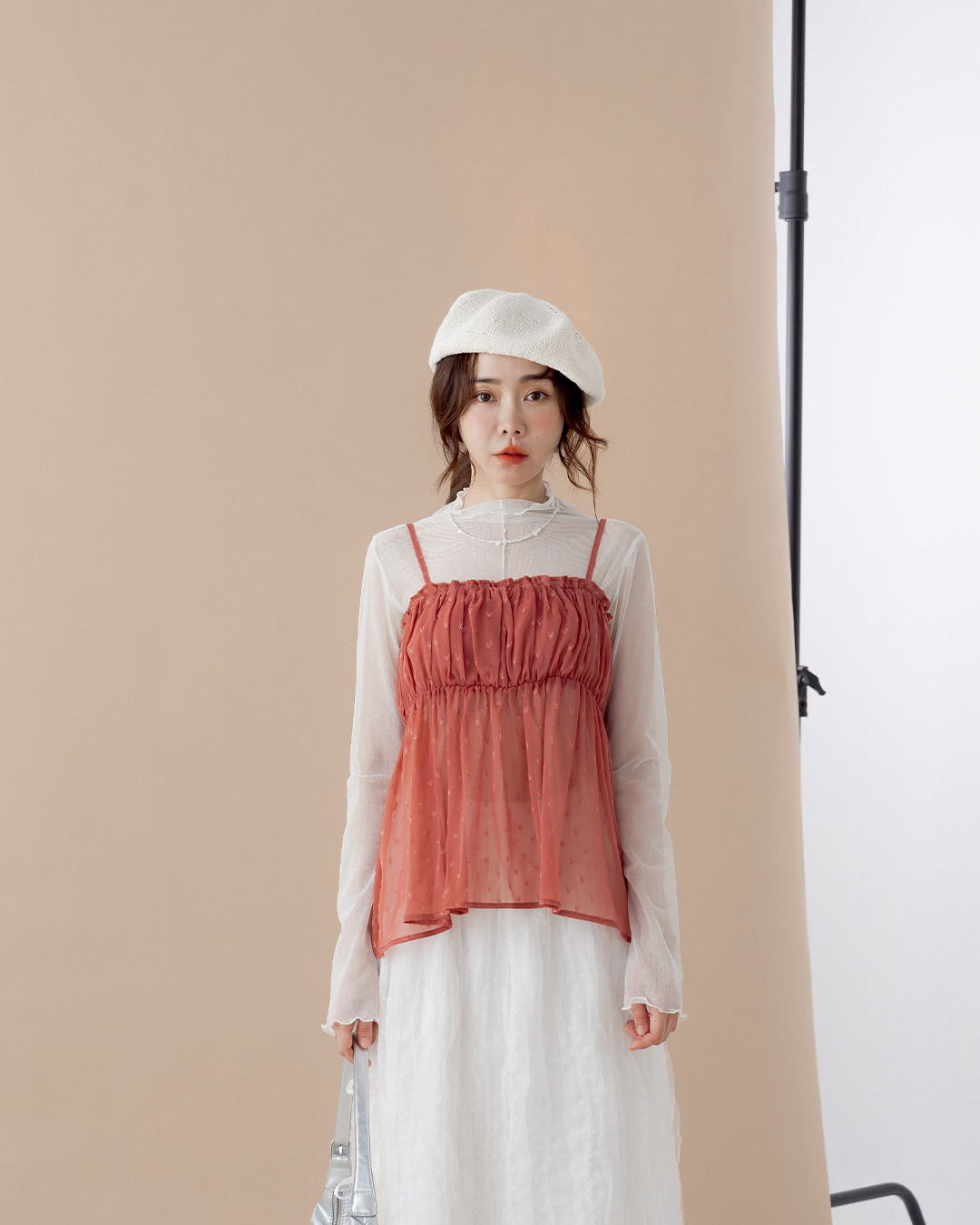 Red Sheer Spaghetti-Strap Overlay Top with Heart Jacquard and Ruched Bust Detail【01099880】in stock+pre-order
