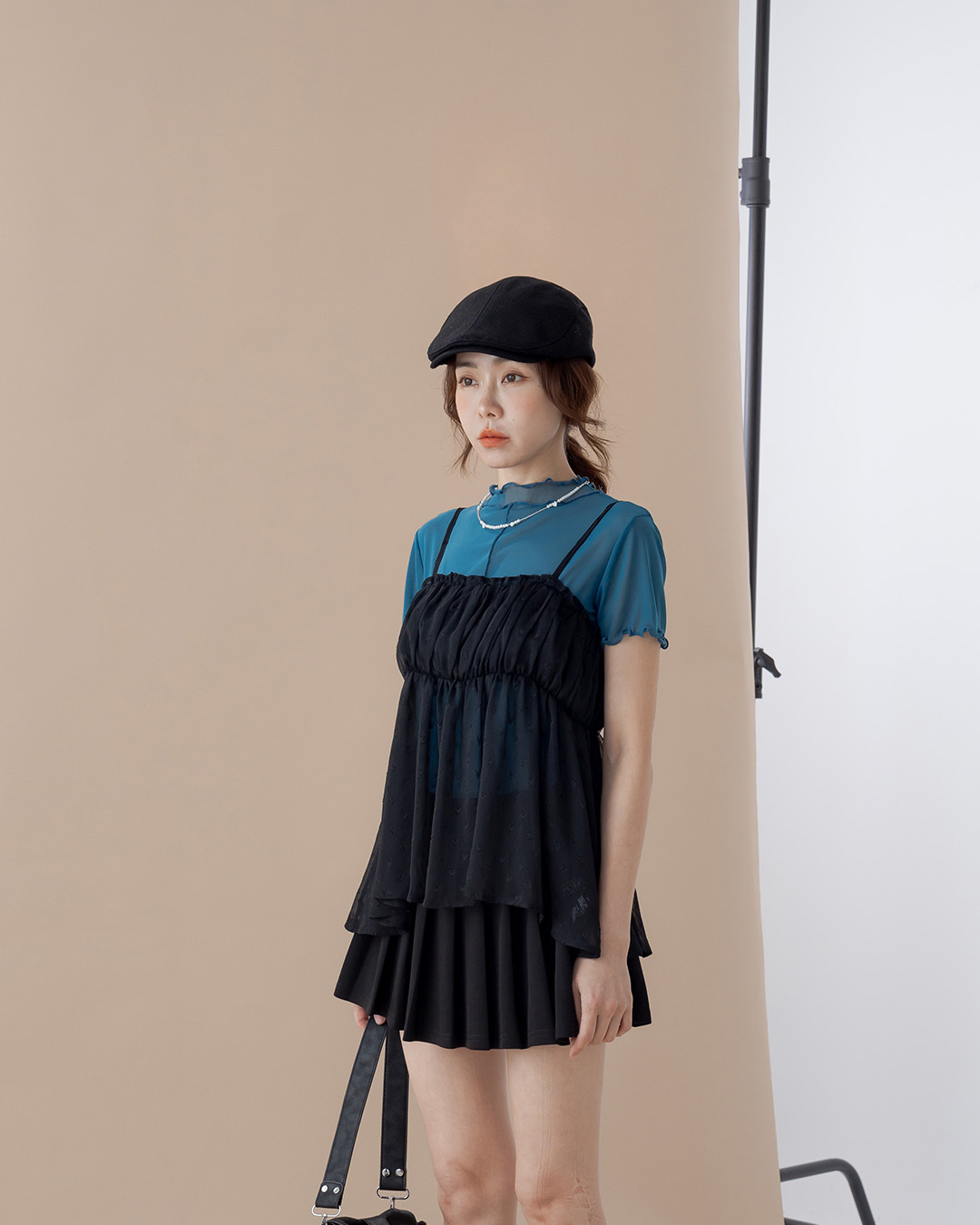 Black Sheer Spaghetti-Strap Camisole/Cover-up with Heart Jacquard and Ruched Bust Detail【01099878】in stock+pre-order