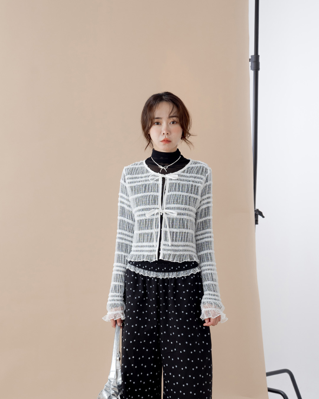3D Jacquard Tie-Waist Sheer Long-Sleeved Cover-Up Top - White【01099980】in stock+pre-order
