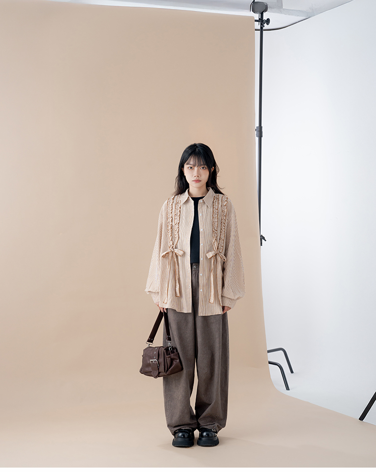 Checkered ruffled belted wide shirt - brown【01025874】in stock+pre-order