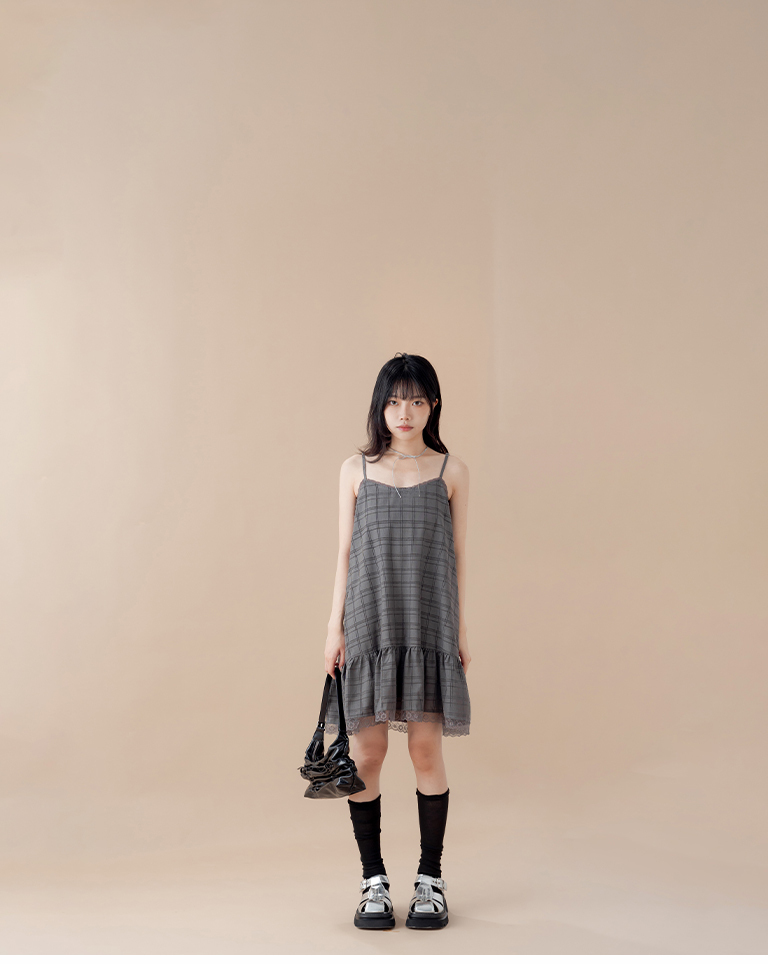 Plaid fuzzy lace camisole mini dress – available in two colors.【01087362】in stock+pre-order