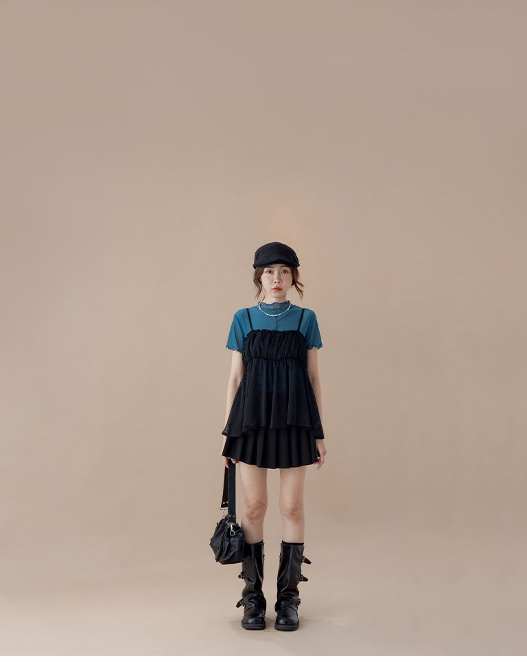 Black Sheer Spaghetti-Strap Camisole/Cover-up with Heart Jacquard and Ruched Bust Detail【01099878】in stock+pre-order