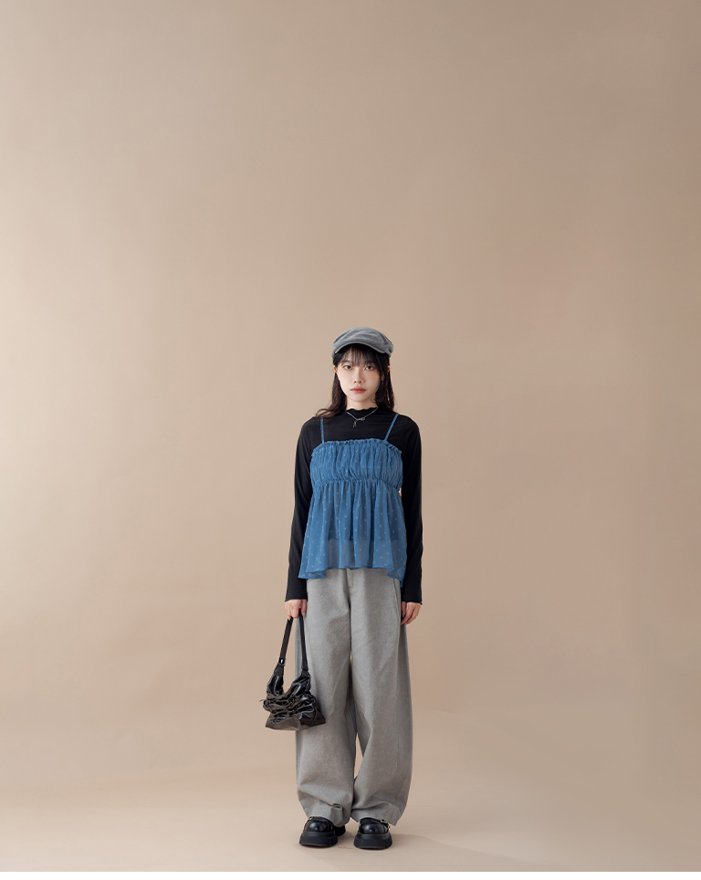 Blue Sheer Spaghetti-Strap Overlay Top with Heart Jacquard and Ruched Bust Detail【01099879】in stock+pre-order