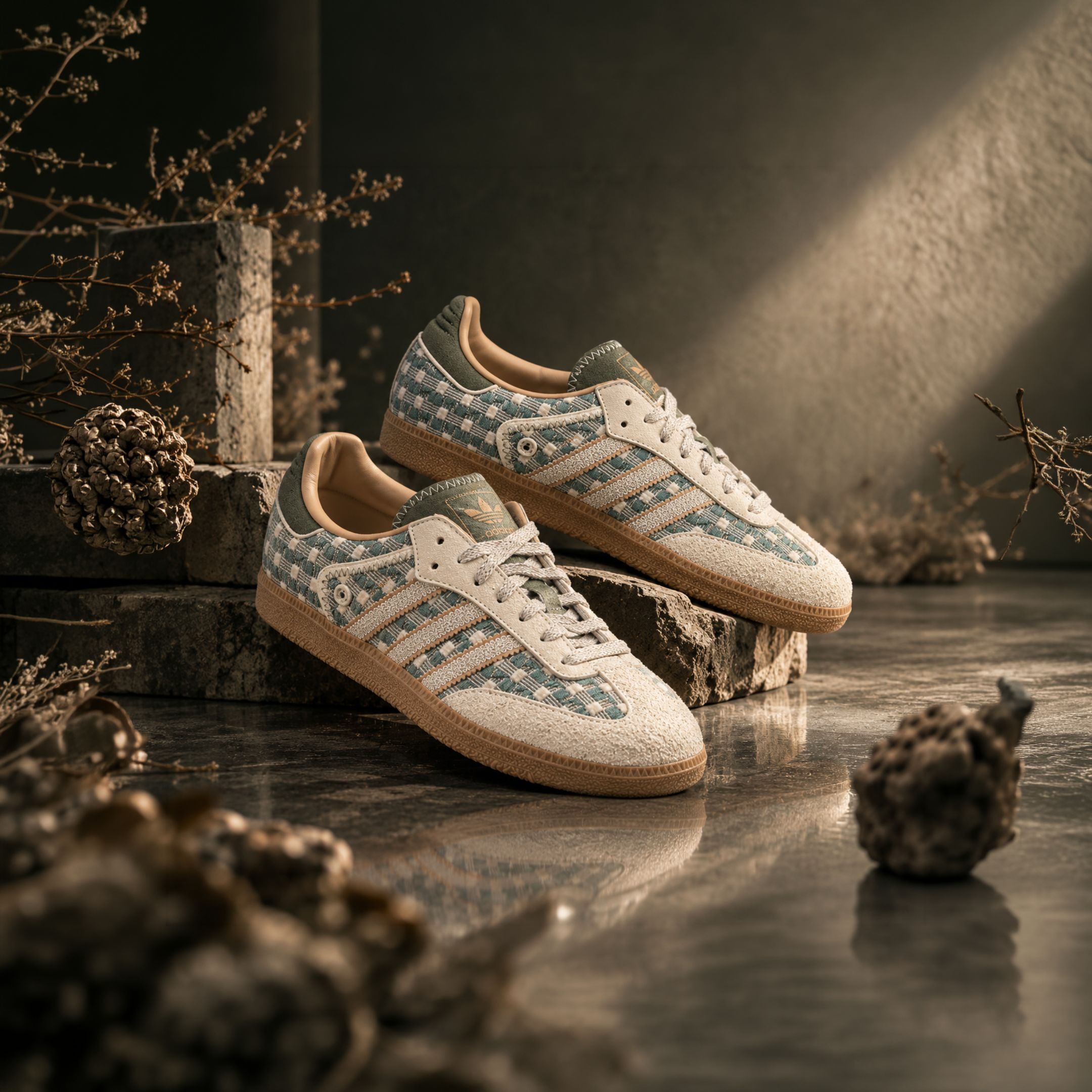 NICEDAY 代購 ADIDAS SAMBA OG T頭鞋 米綠色 編織 復古 藍綠色 米色 麂皮 方格 HP3753