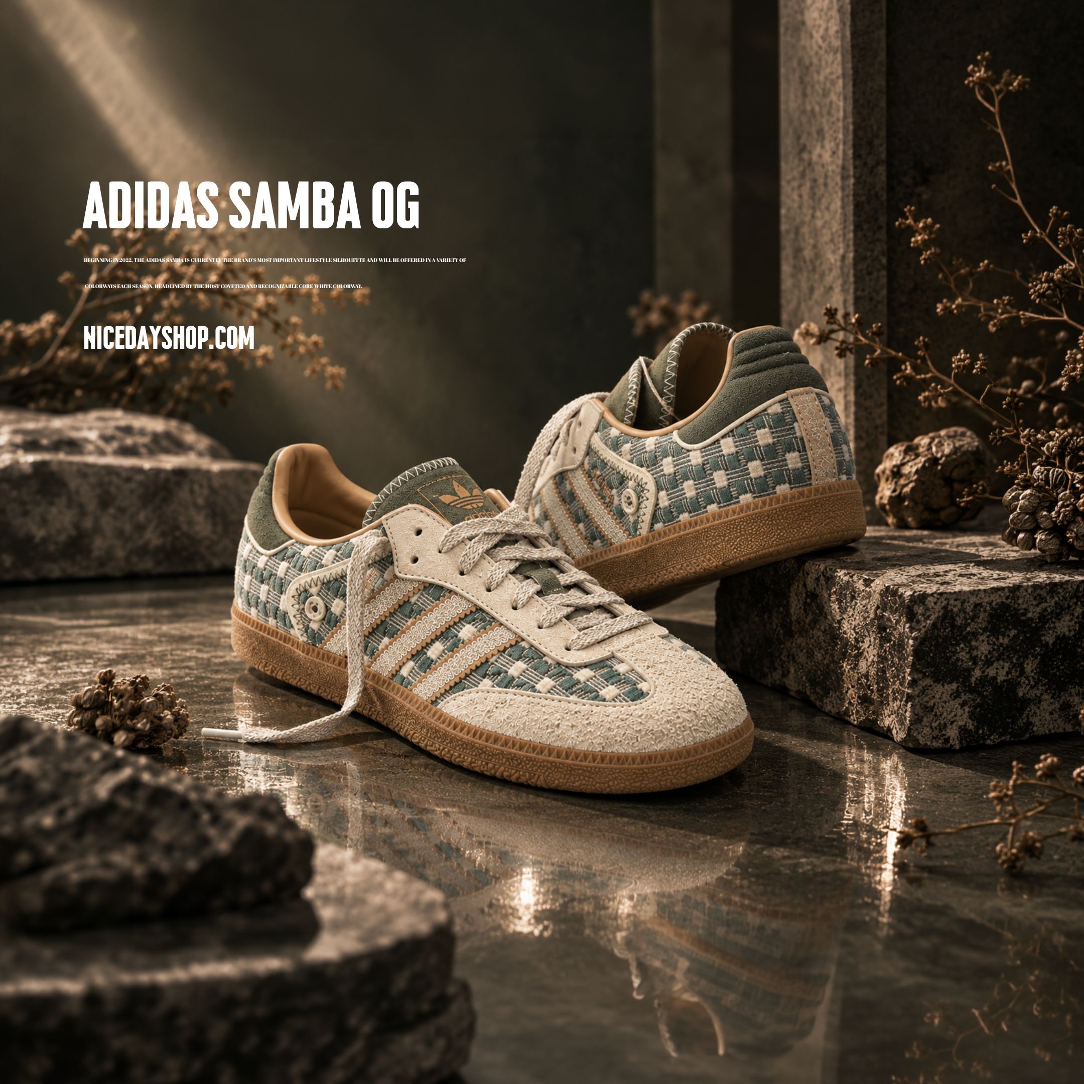 NICEDAY 代購 ADIDAS SAMBA OG T頭鞋 米綠色 編織 復古 藍綠色 米色 麂皮 方格 HP3753