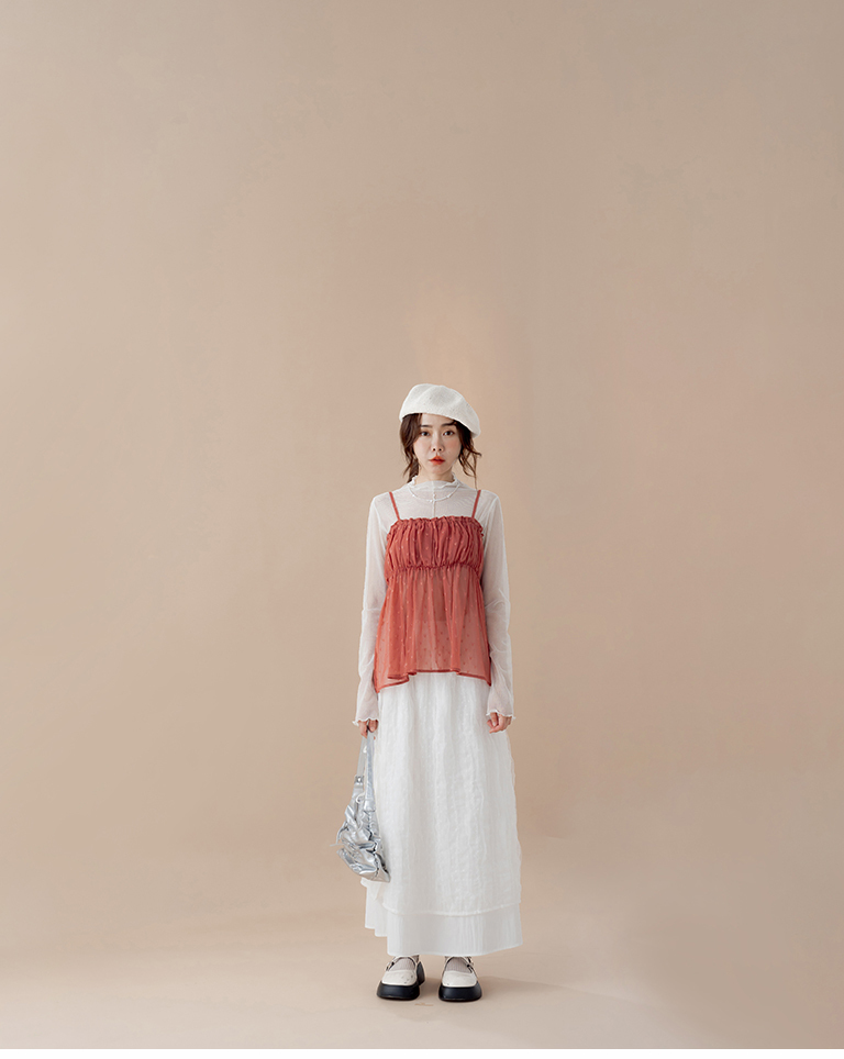 Red Sheer Spaghetti-Strap Overlay Top with Heart Jacquard and Ruched Bust Detail【01099880】in stock+pre-order