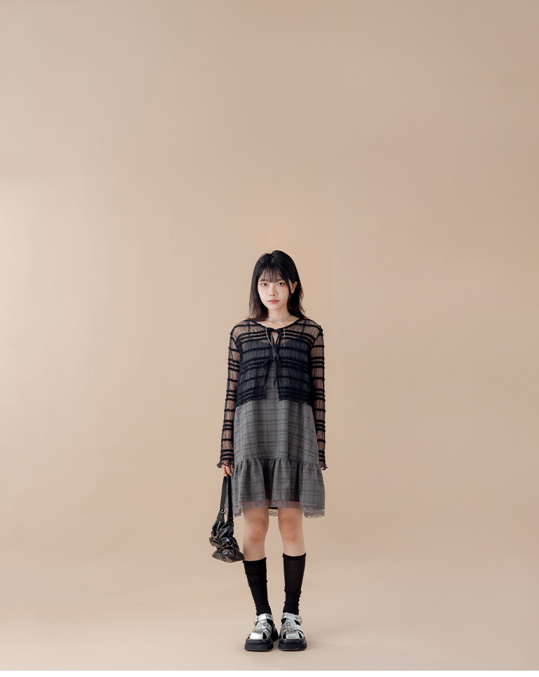 3D Jacquard Tie-Waist Sheer Long-Sleeved Top - Black【01099981】in stock+pre-order