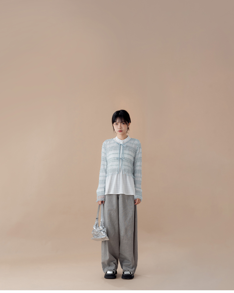 3D Jacquard Tie-Waist Sheer Long-Sleeved Cover-Up Top - Gray-Blue【01099982】in stock+pre-order