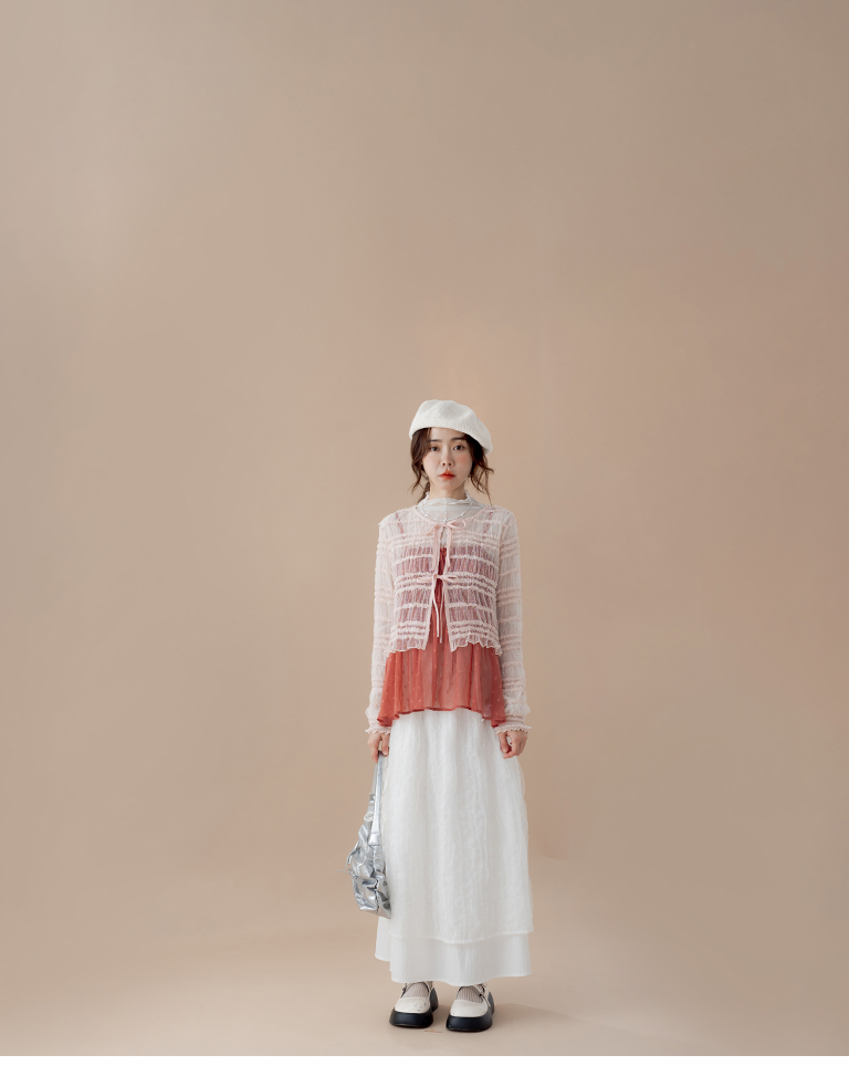 3D Jacquard Tie-Waist Sheer Long-Sleeved Cover-Up Top - Pink【01099983】in stock+pre-order
