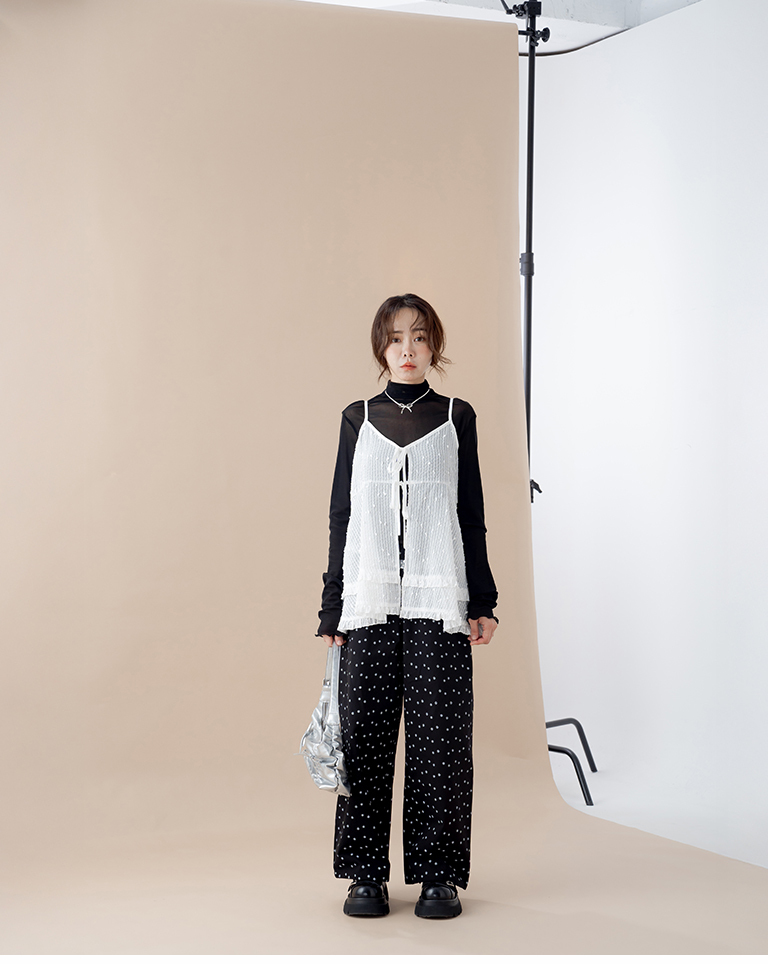 Sequined jacquard ruffled hem tie-up vest【01200008】in stock+pre-order