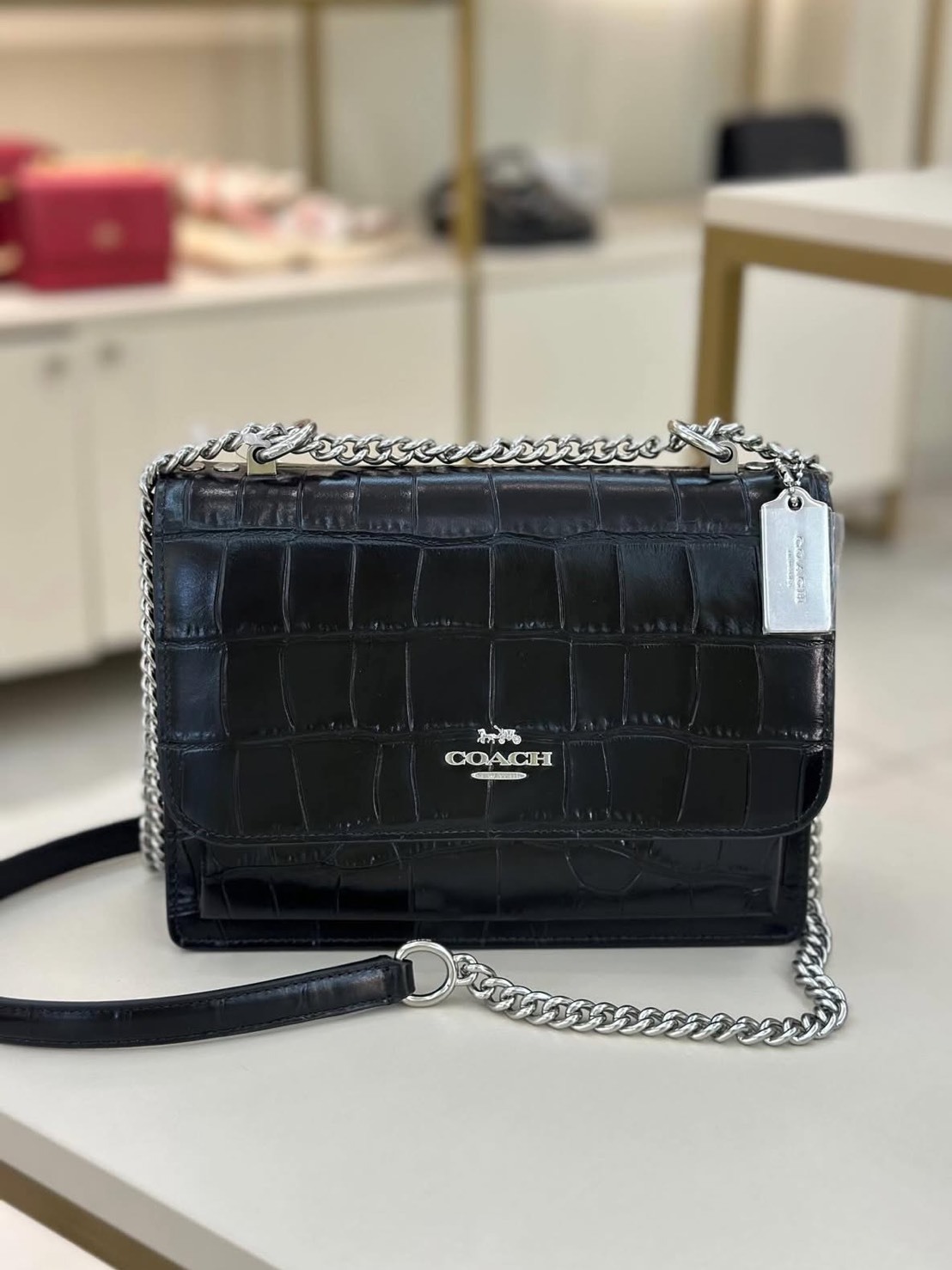 COACH KLARE 22 金屬銀 鰐魚紋 皮革 風琴包