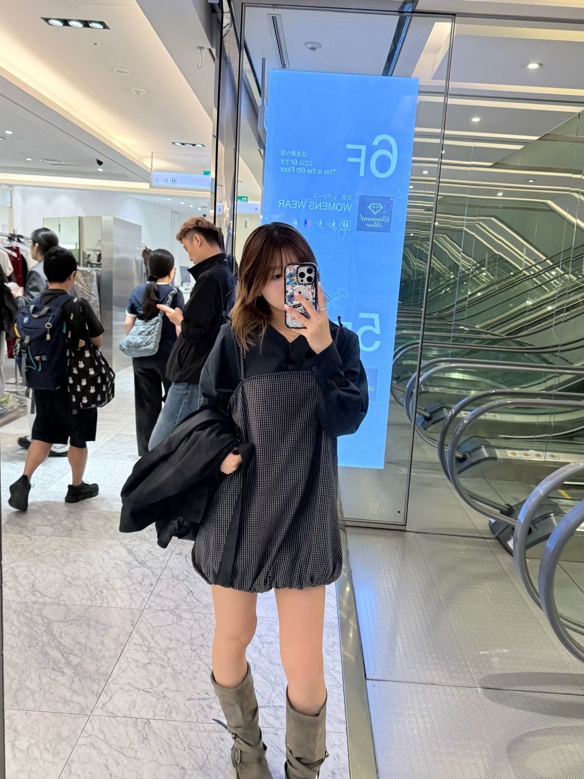 格子泡泡拚白襯假兩件洋裝