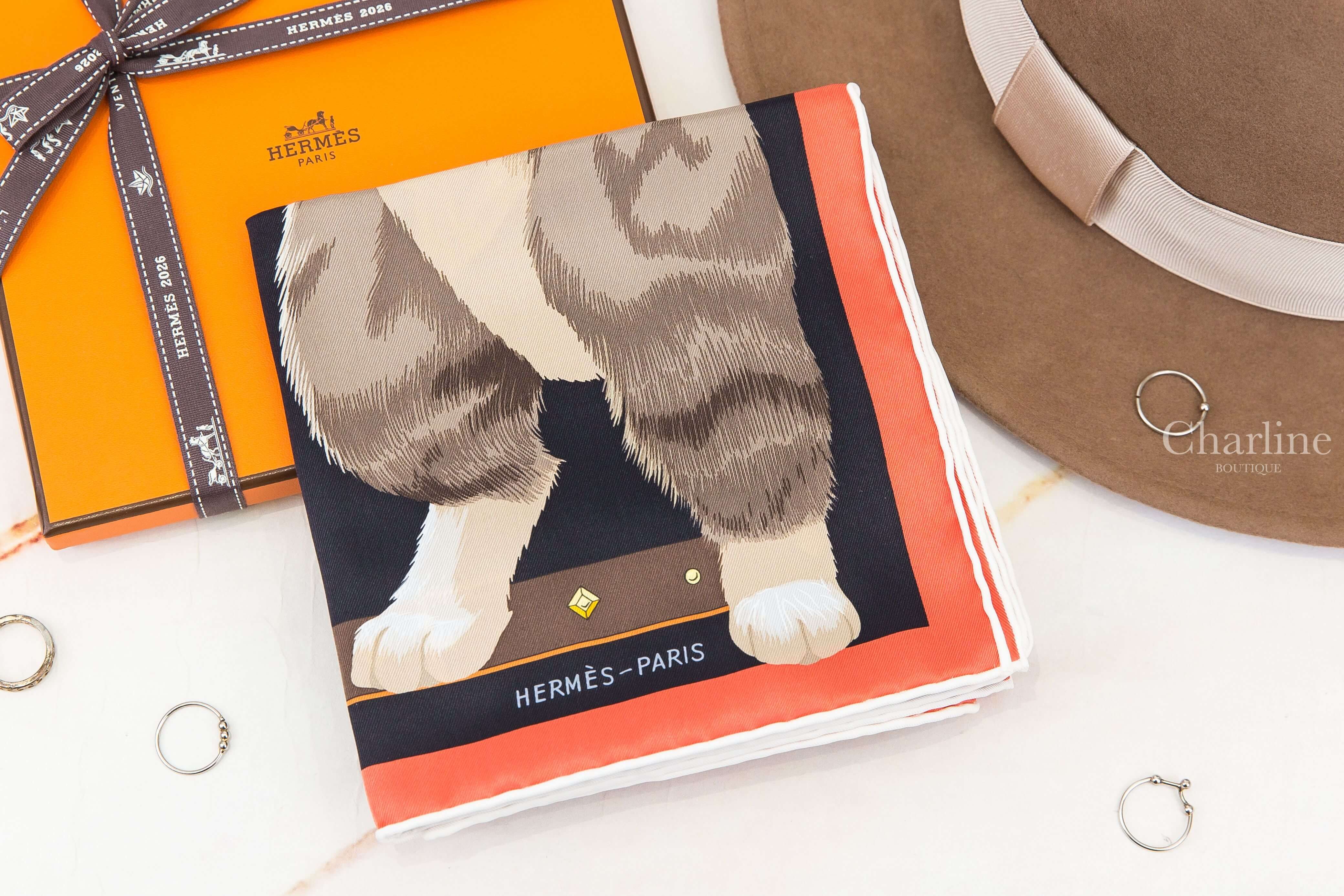 Hermès Chat Chat Chat Scarf 70 黑色/栗棕色/灰色玩耍貓咪真絲方巾