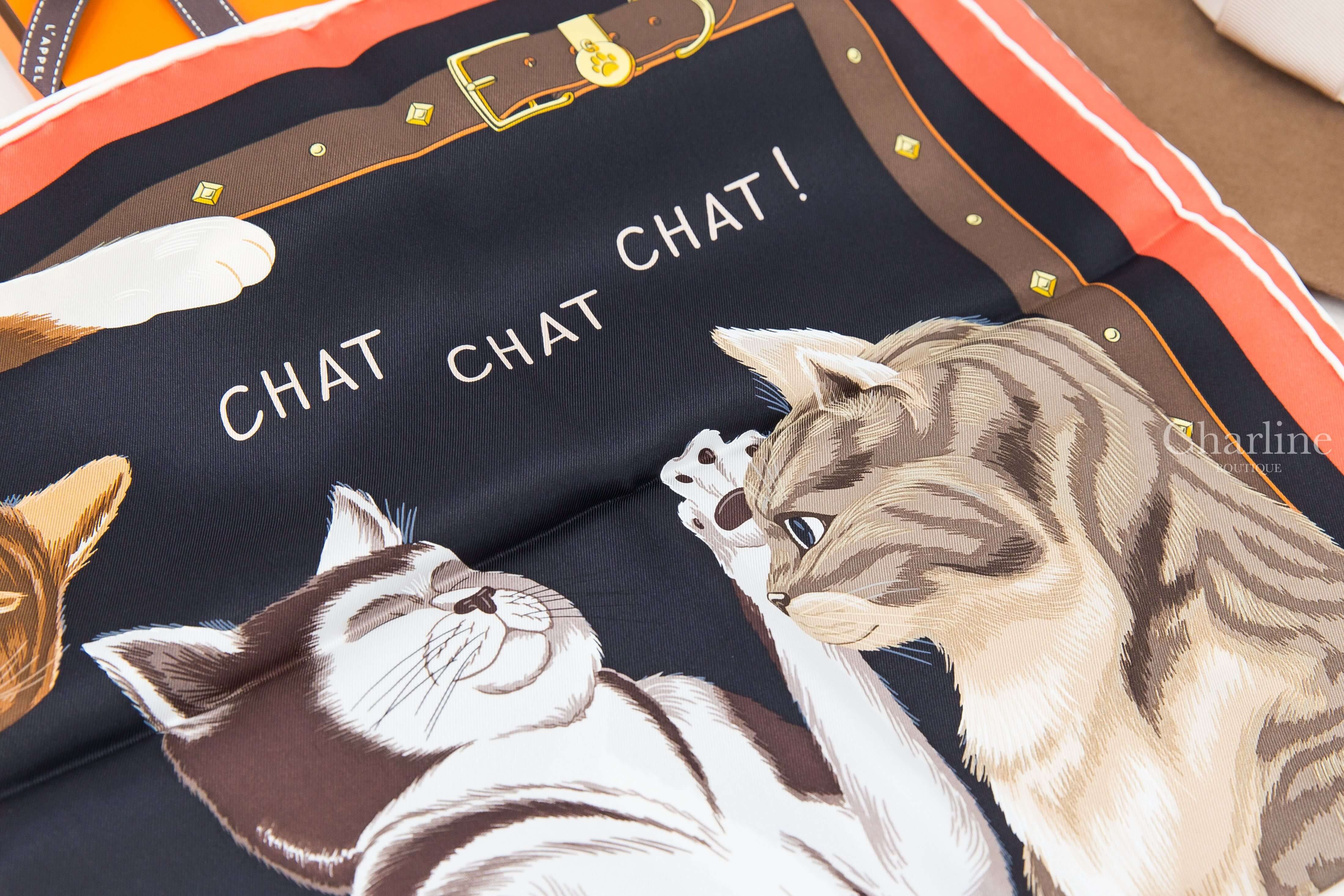 Hermès Chat Chat Chat Scarf 70 黑色/栗棕色/灰色玩耍貓咪真絲方巾