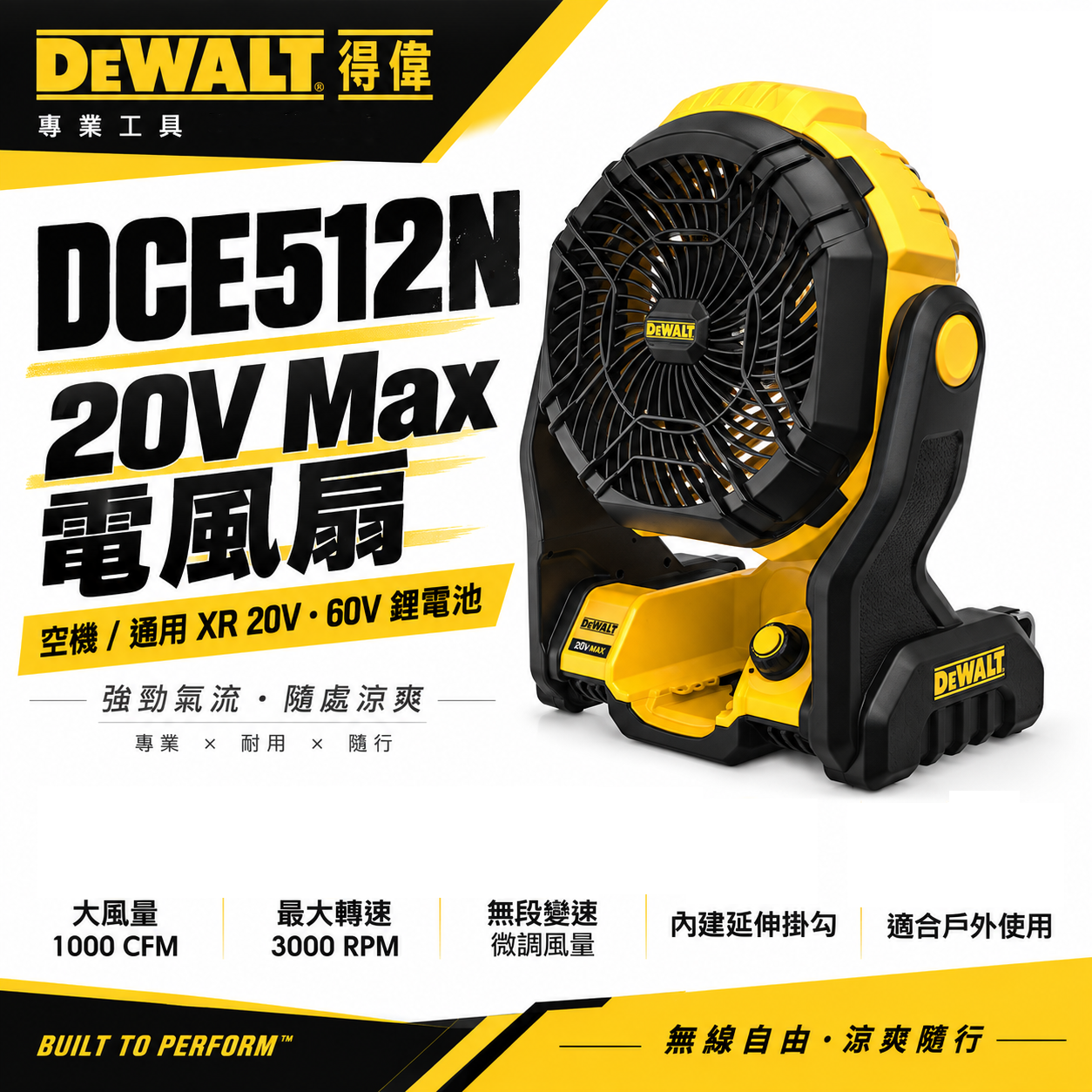 DEWALT 得偉 美國｜20V 充電式電風扇 無段變速充電電池式電扇 ｜空機｜DCE512 DCE512N DCE512B｜公司貨