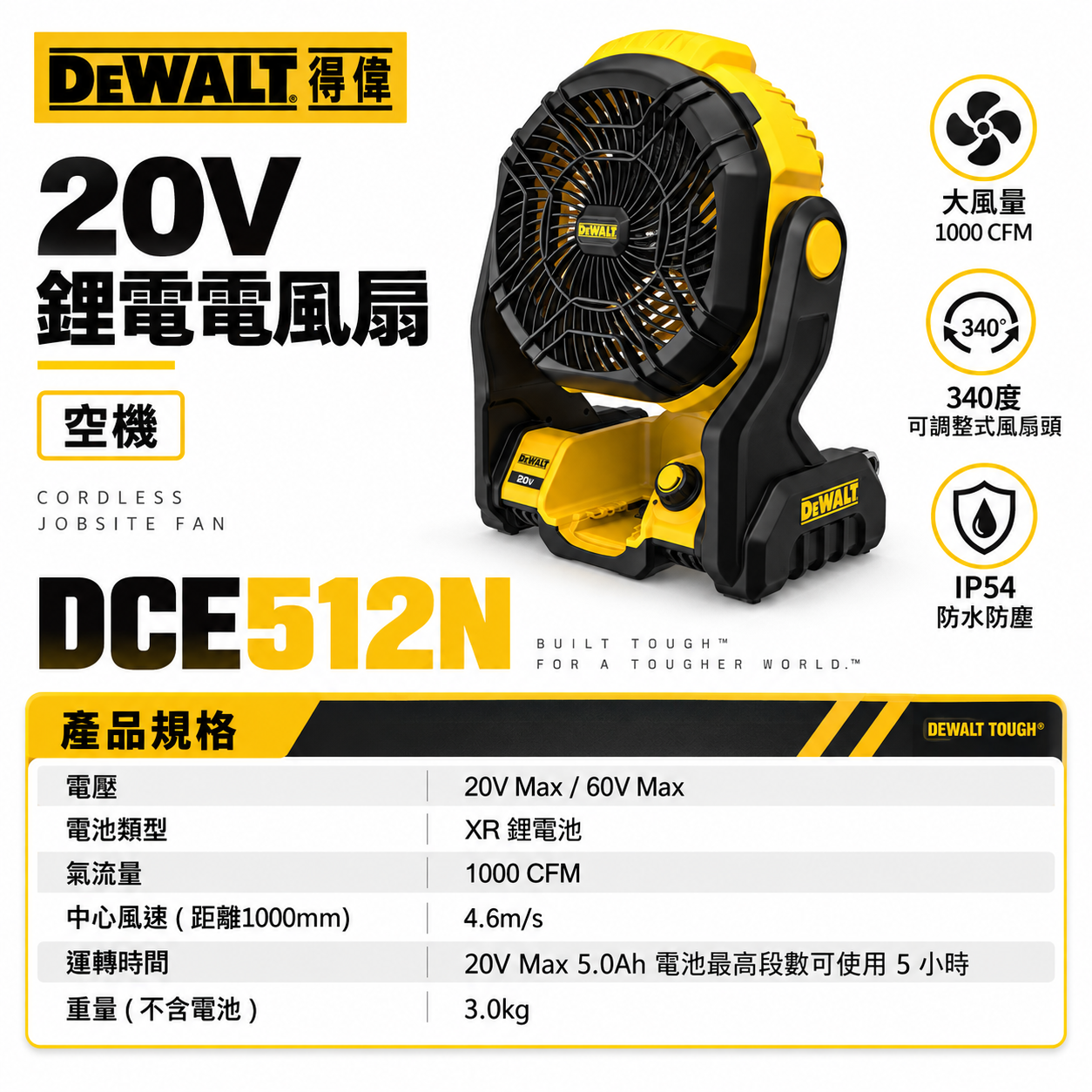DEWALT 得偉 美國｜20V 充電式電風扇 無段變速充電電池式電扇 ｜空機｜DCE512 DCE512N DCE512B｜公司貨