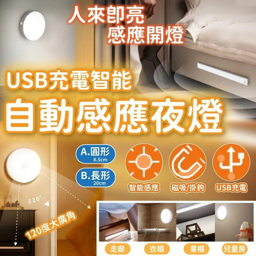 包郵優惠 USB 充電智能自動感應夜燈(圓形) #現貨