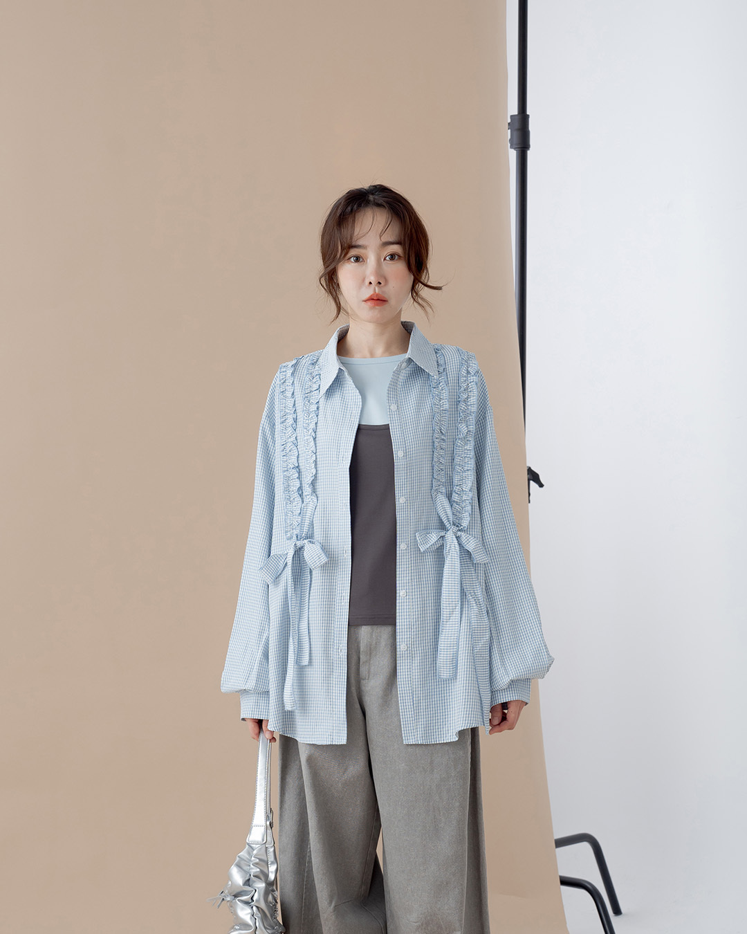 Blue Wide-Fit Plaid Shirt with Ruffled, Shirred, and Tie-Detailing【01025873】in stock+pre-order