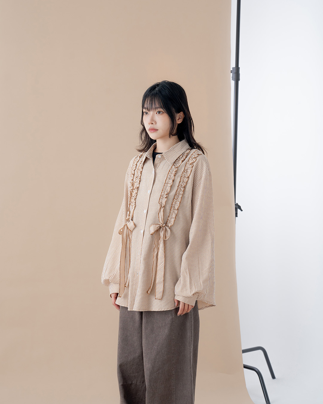 Checkered ruffled belted wide shirt - brown【01025874】in stock+pre-order
