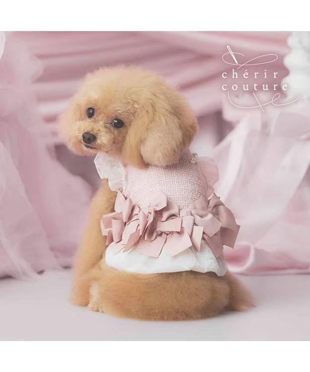 【Pet Paradise】chérir couture Hem Ribbon Tweed Vest - Pink <275-43842>