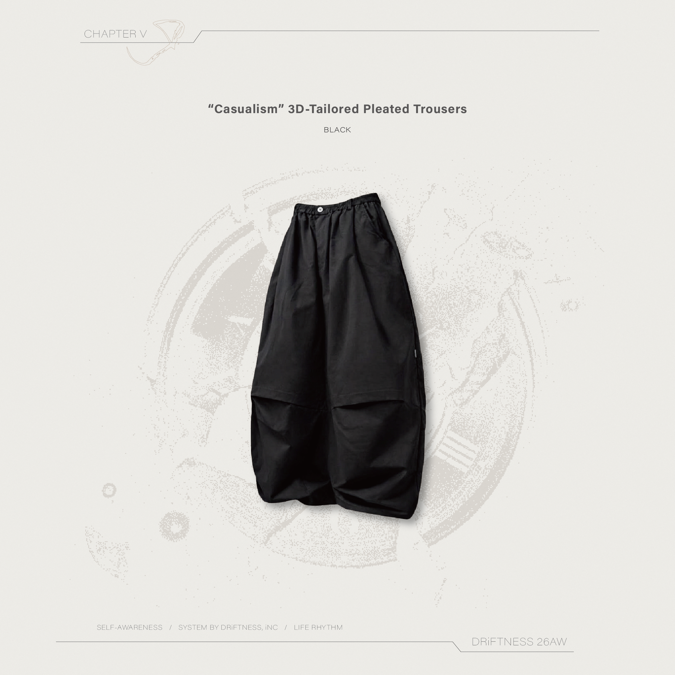 DRiFTNESS｜“Casualism” 防潑水抗皺立體打褶褲 - Black