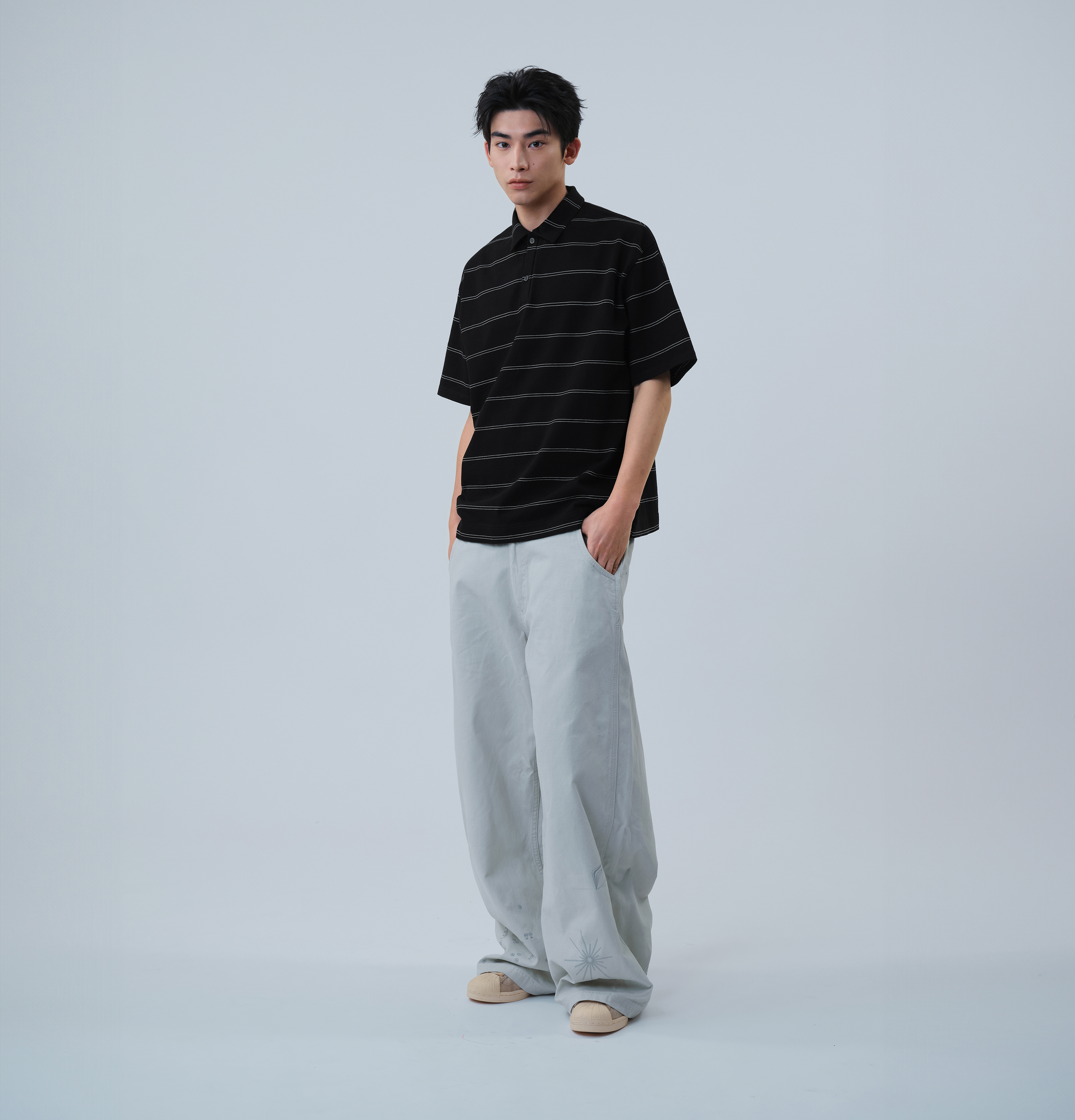 MELSIGN - 條紋Polo衫 - Black