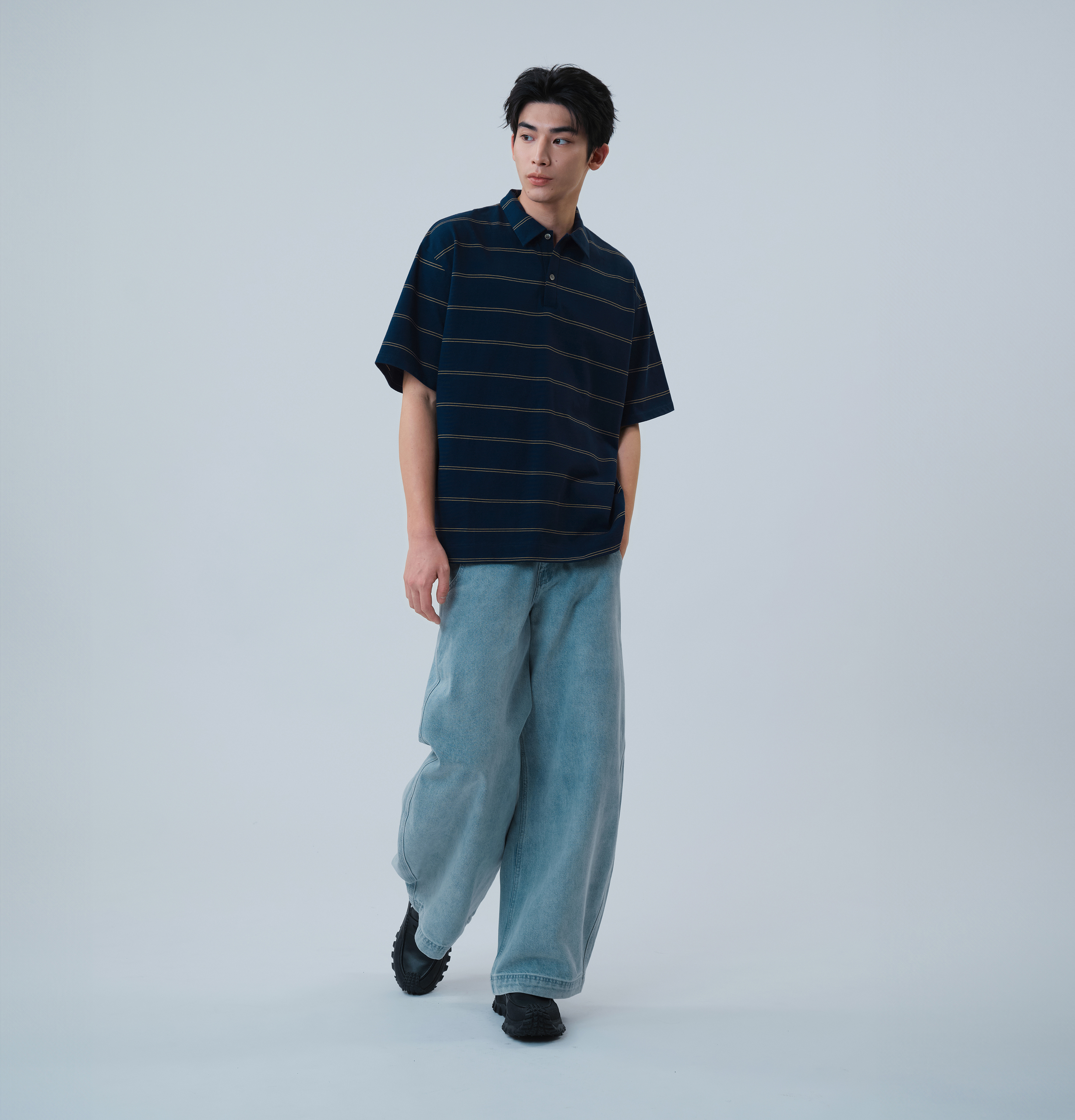 MELSIGN - 條紋Polo衫 - Navy