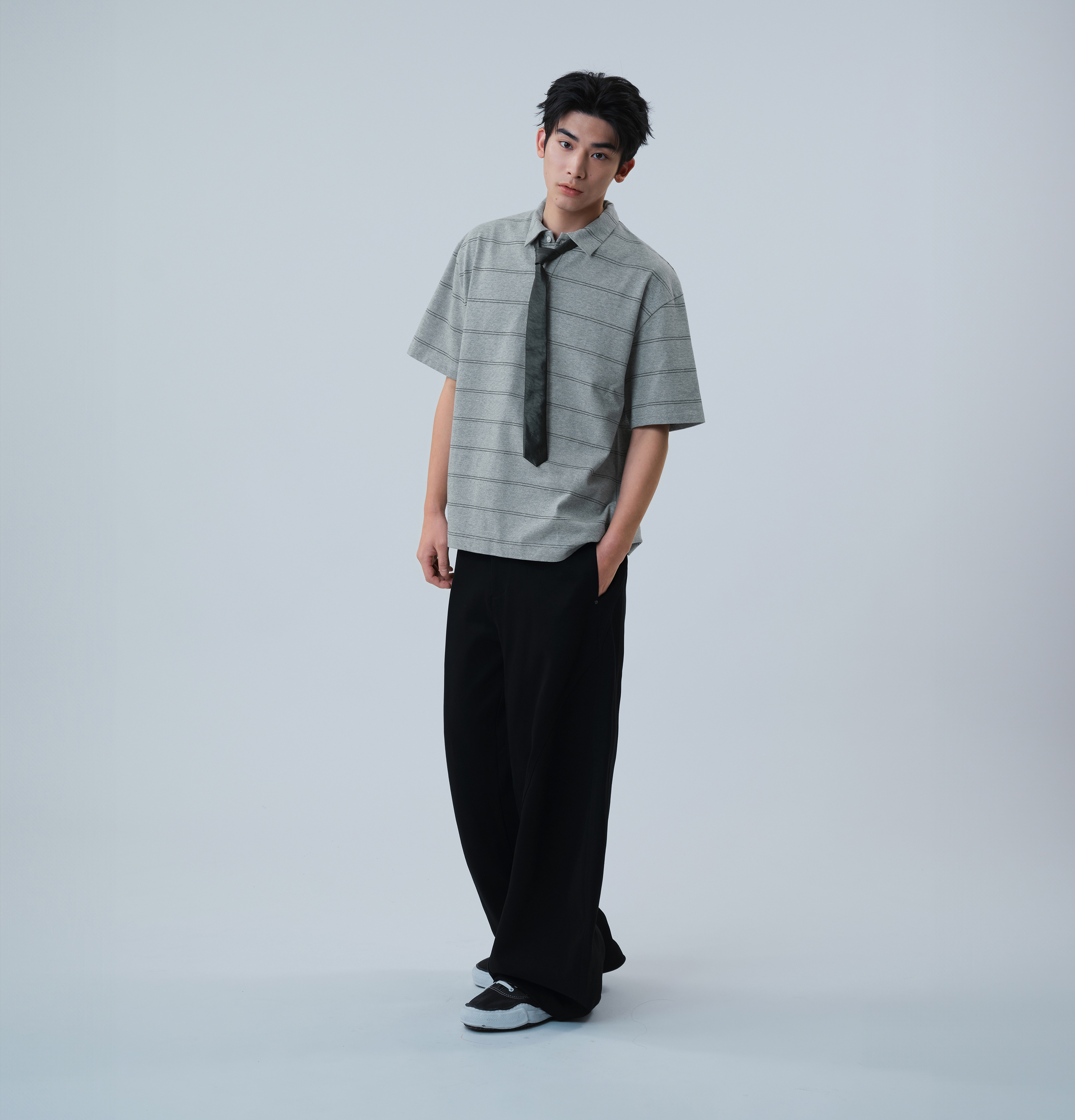 MELSIGN - 條紋Polo衫 - Gray