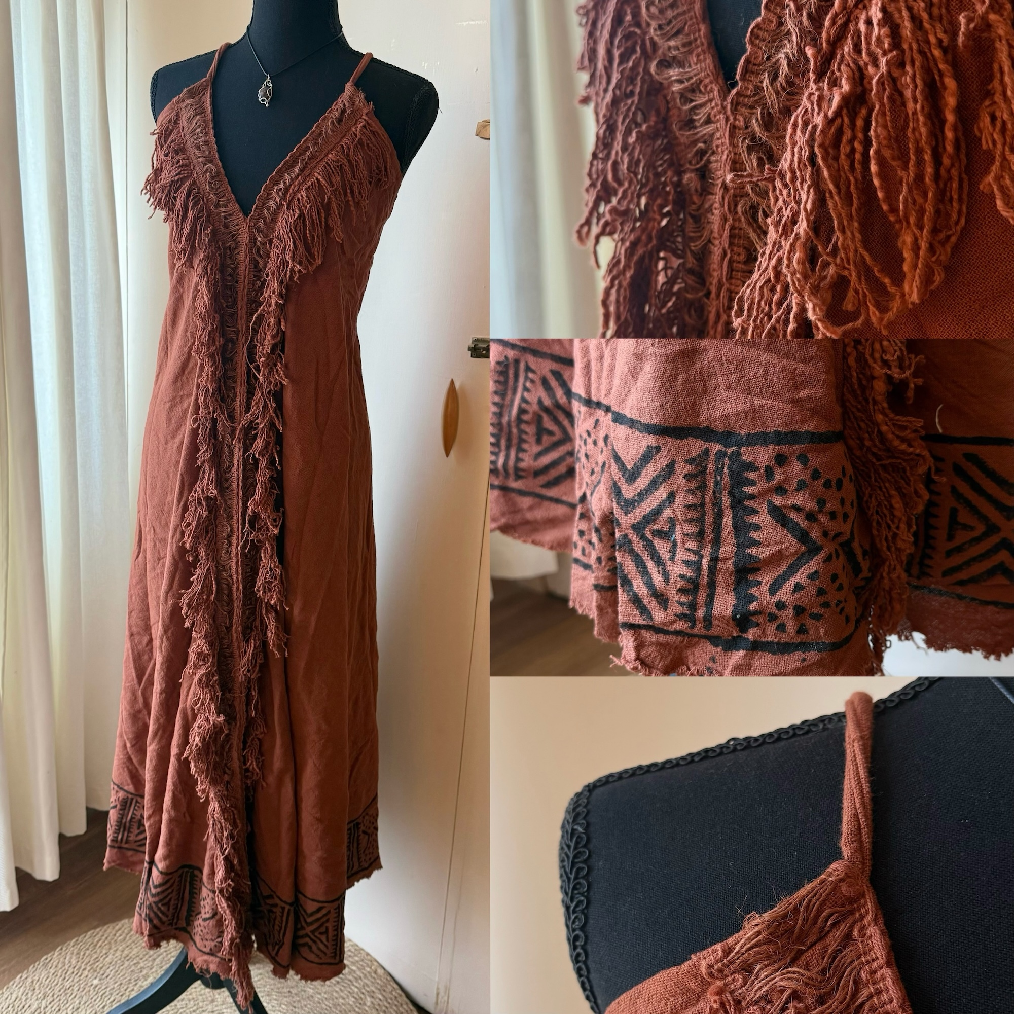 [原石] 尼泊爾手工服飾 植物染服飾 長裙 / 渡假洋裝 酒紅色