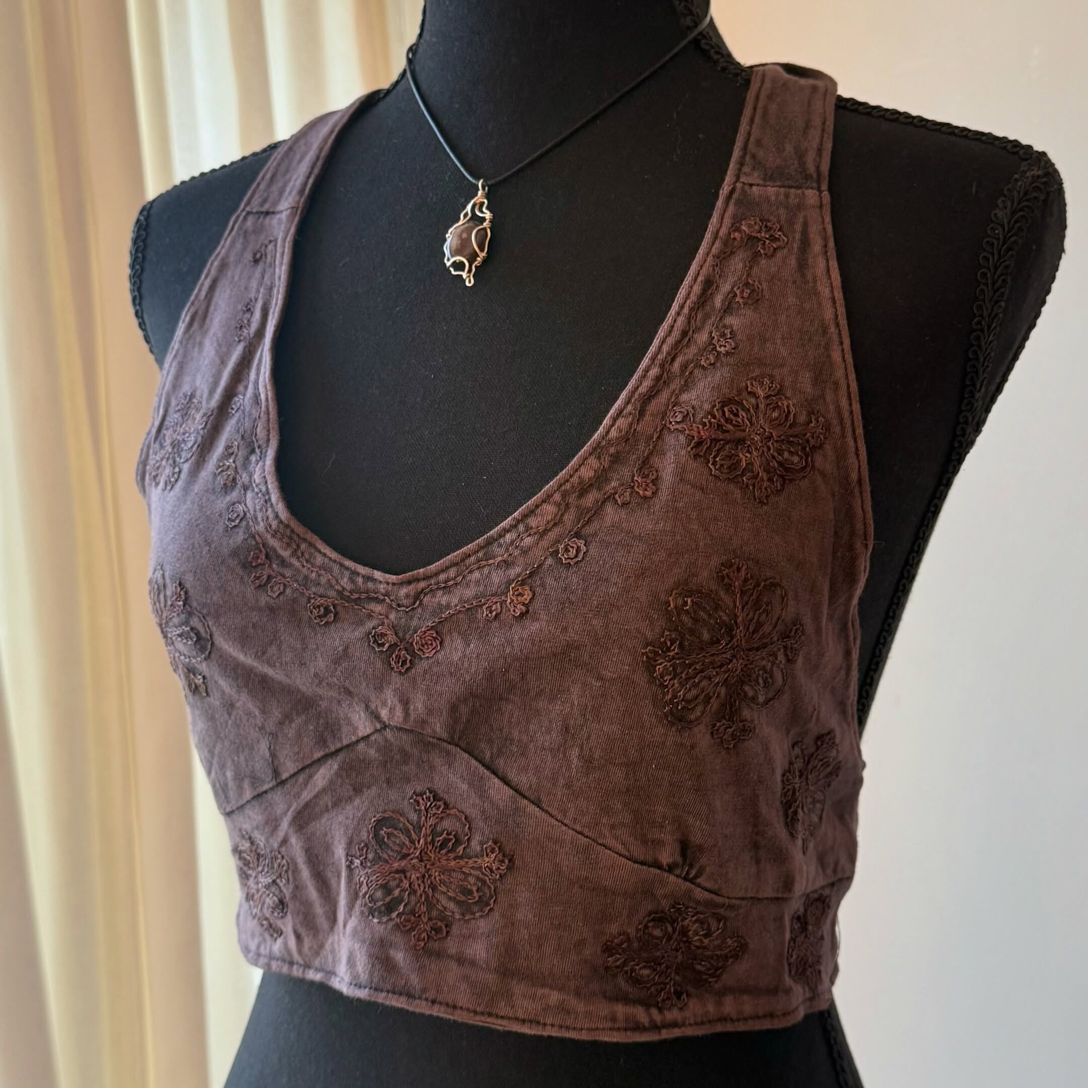 [原石] 尼泊爾手工服飾 植物染服飾 挖背綁帶上衣 咖啡色