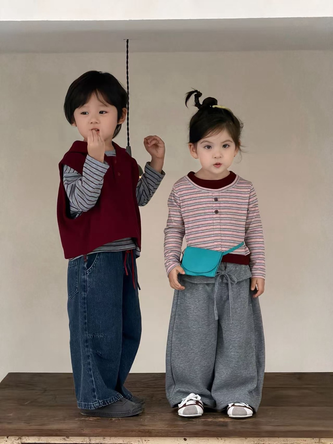 條紋假兩件圓領上衣