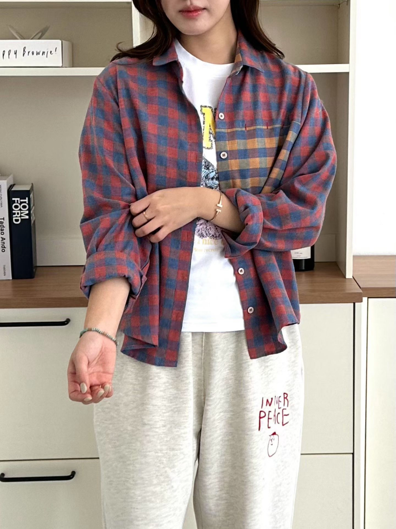 雙色拼接復古撞色格紋長袖襯衫
