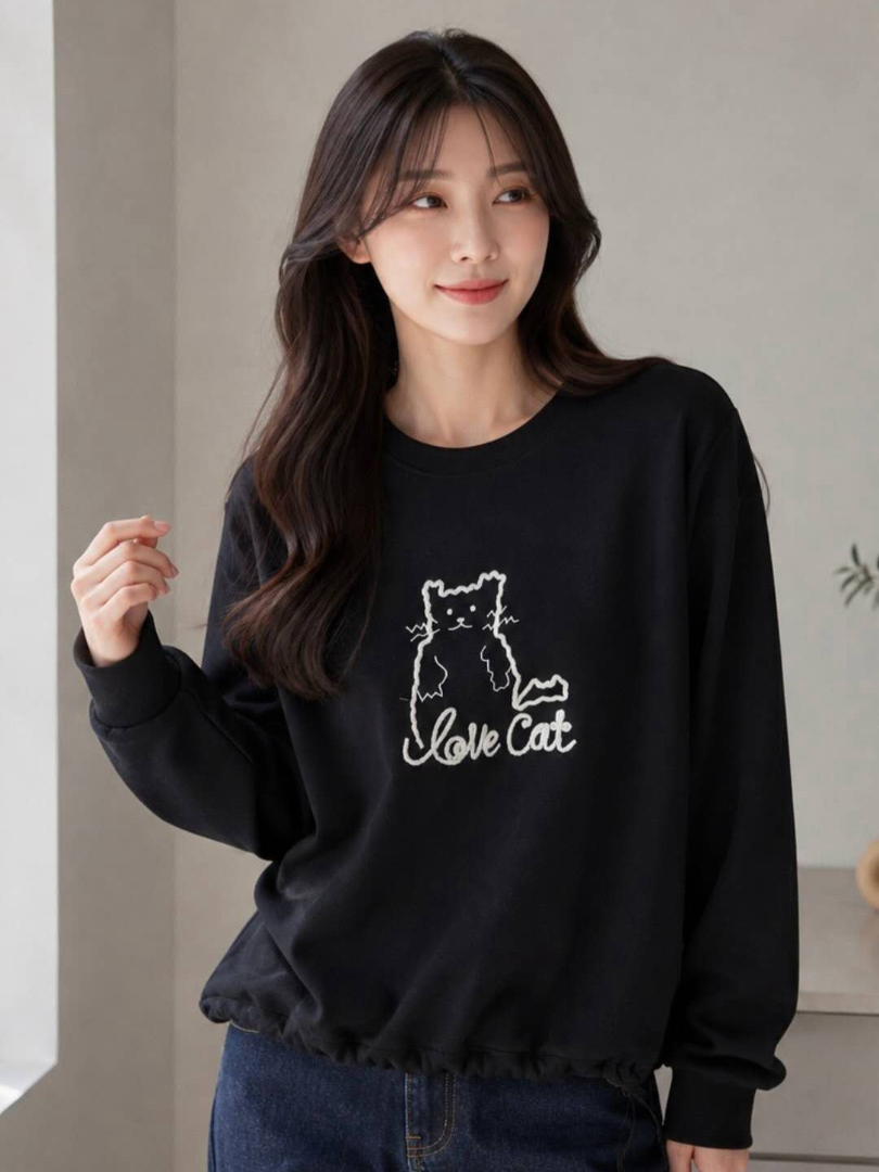 LOVE CAT愛心貓咪抽繩下擺大學T