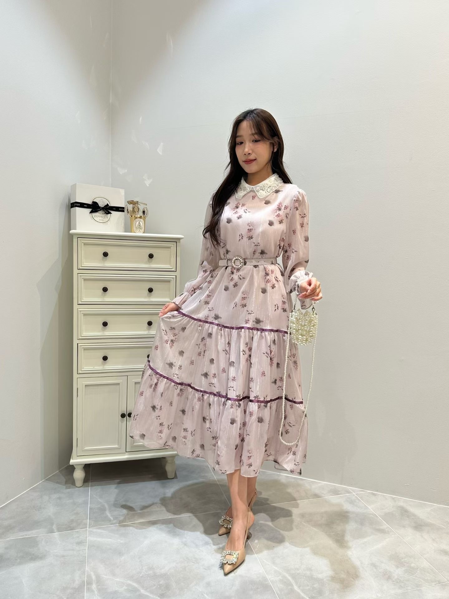 白蕾領高雅風印花附腰帶長洋裝