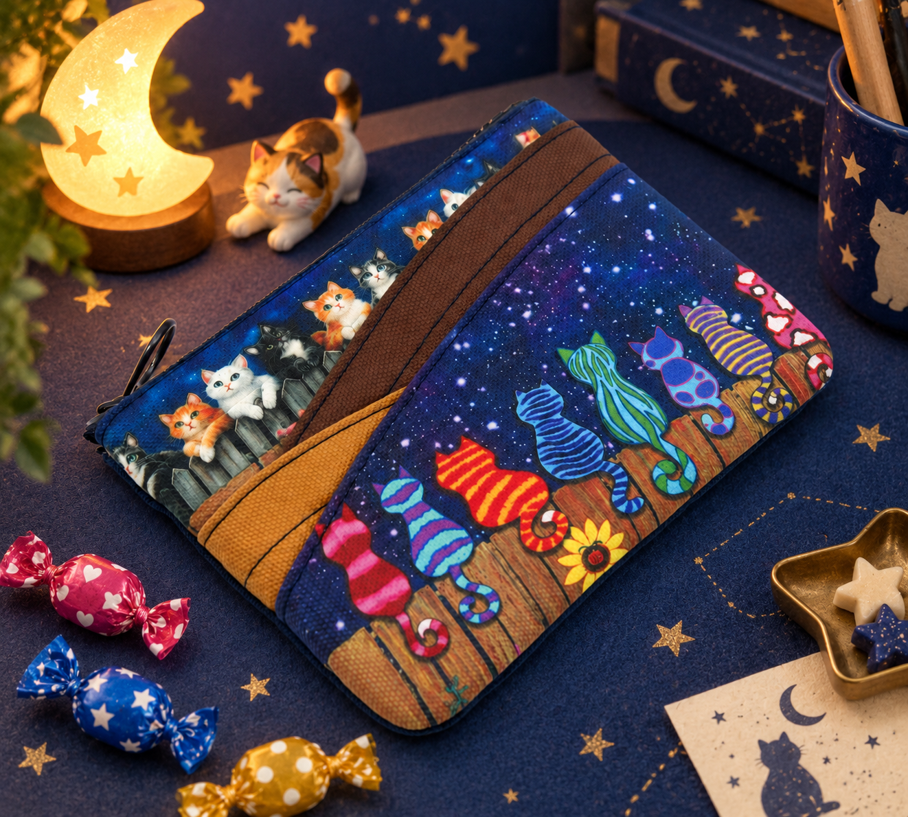 星夜貓咪弧形口袋卡片零錢包 Starlit cat curved-pocket purse