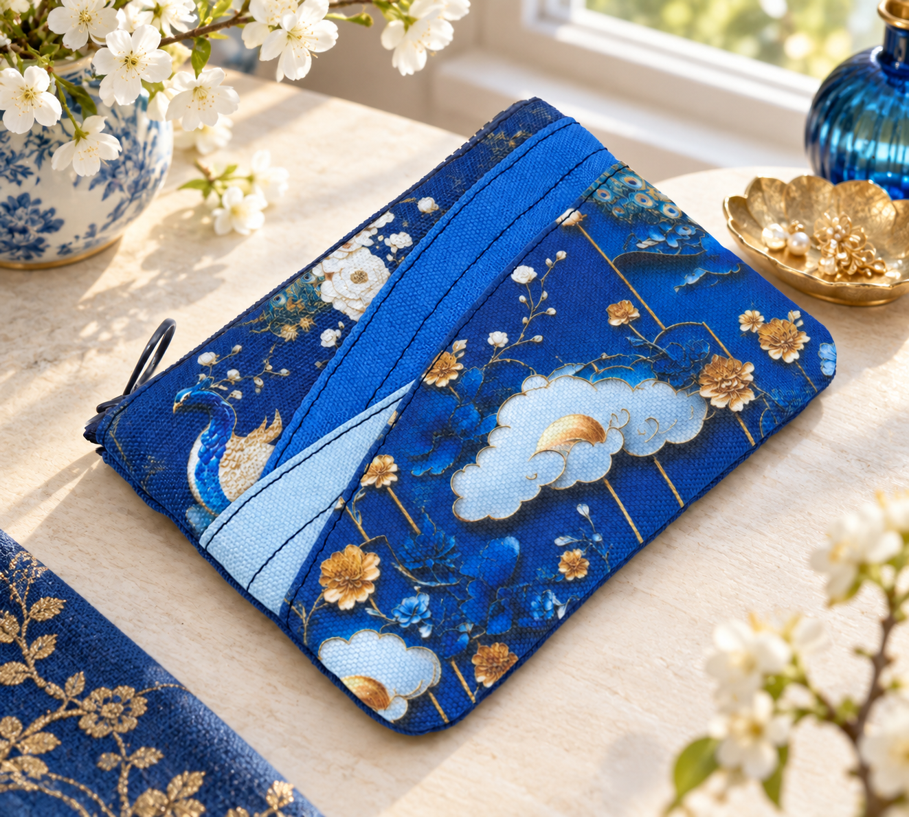 靛藍花鳥弧形口袋卡片零錢包 Indigo floral curved-pocket purse